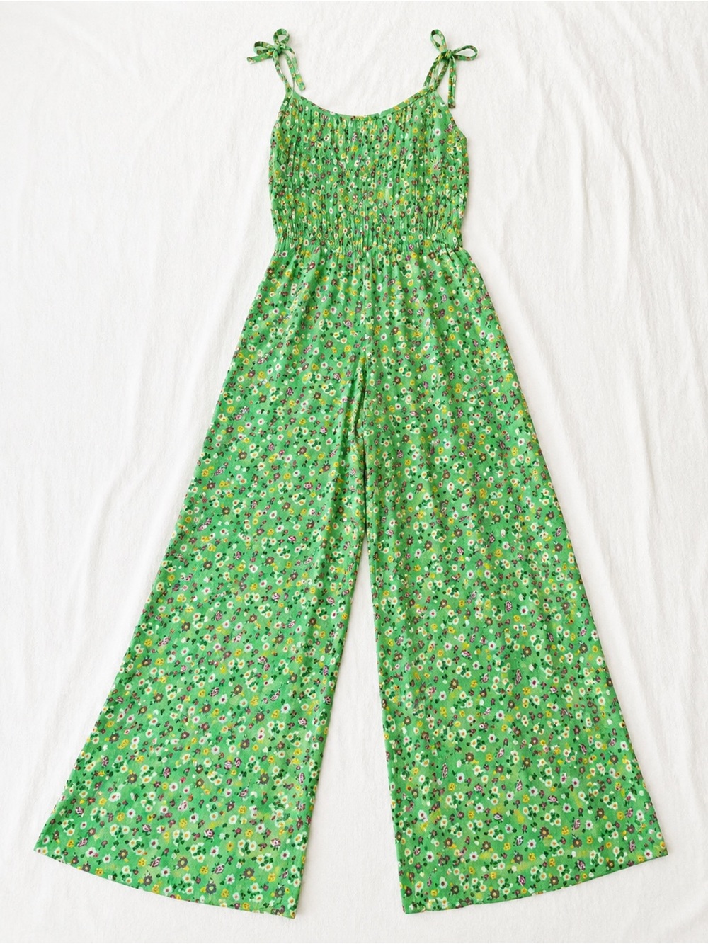 Jolie & Joy Green Floral Wide Leg Jumpsuit Side Cutout Tie Strap Rayon Small